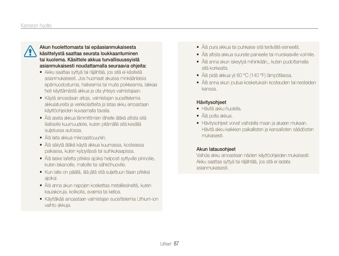 Samsung EC-PL100ZBPSE2, EC-PL100ZBPBE2, EC-PL101ZBDSE2 manual Kameran huolto 