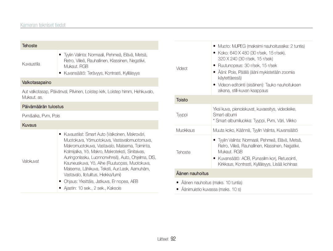 Samsung EC-PL100ZBPBE2, EC-PL100ZBPSE2, EC-PL101ZBDSE2 manual Kameran tekniset tiedot 