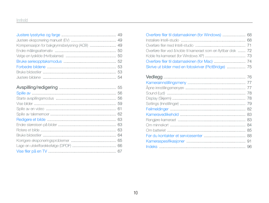 Samsung EC-PL101ZBDSE2, EC-PL100ZBPBE2, EC-PL100ZBPSE2 manual Innhold 