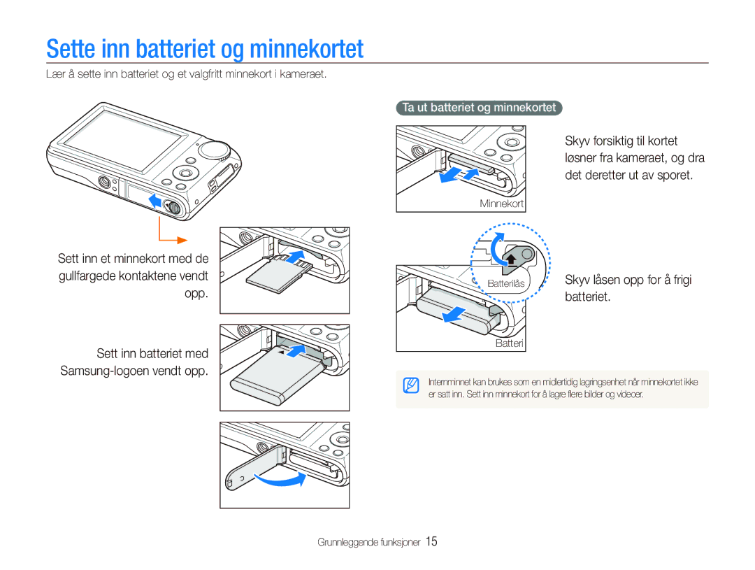 Samsung EC-PL100ZBPSE2, EC-PL100ZBPBE2 manual Sette inn batteriet og minnekortet, Batteriet, Ta ut batteriet og minnekortet 