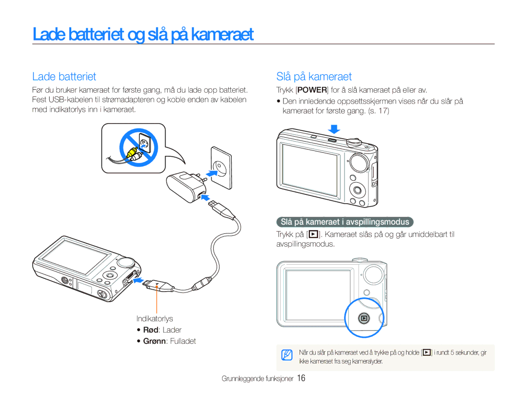 Samsung EC-PL101ZBDSE2, EC-PL100ZBPBE2 manual Lade batteriet og slå på kameraet, Slå på kameraet i avspillingsmodus 