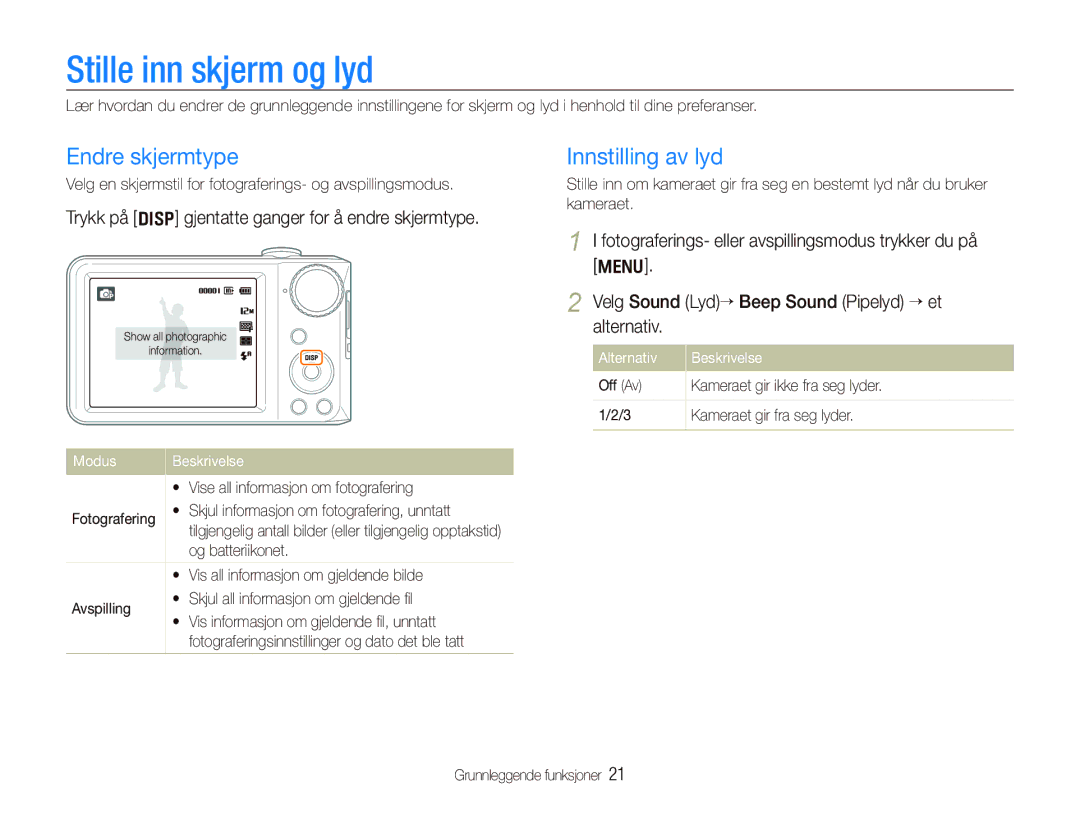 Samsung EC-PL100ZBPSE2, EC-PL100ZBPBE2, EC-PL101ZBDSE2 manual Stille inn skjerm og lyd, Endre skjermtype, Innstilling av lyd 