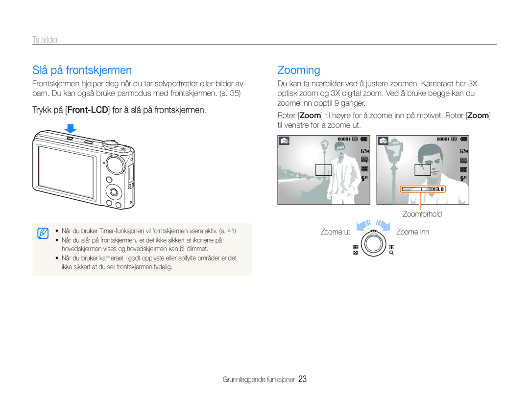 Samsung EC-PL100ZBPBE2 manual Slå på frontskjermen, Zooming, Ta bilder, Trykk på Front-LCD for å slå på frontskjermen 