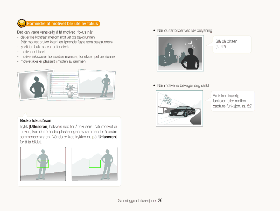 Samsung EC-PL100ZBPBE2, EC-PL100ZBPSE2 manual Forhindre at motivet blir ute av fokus,  Når motivene beveger seg raskt 