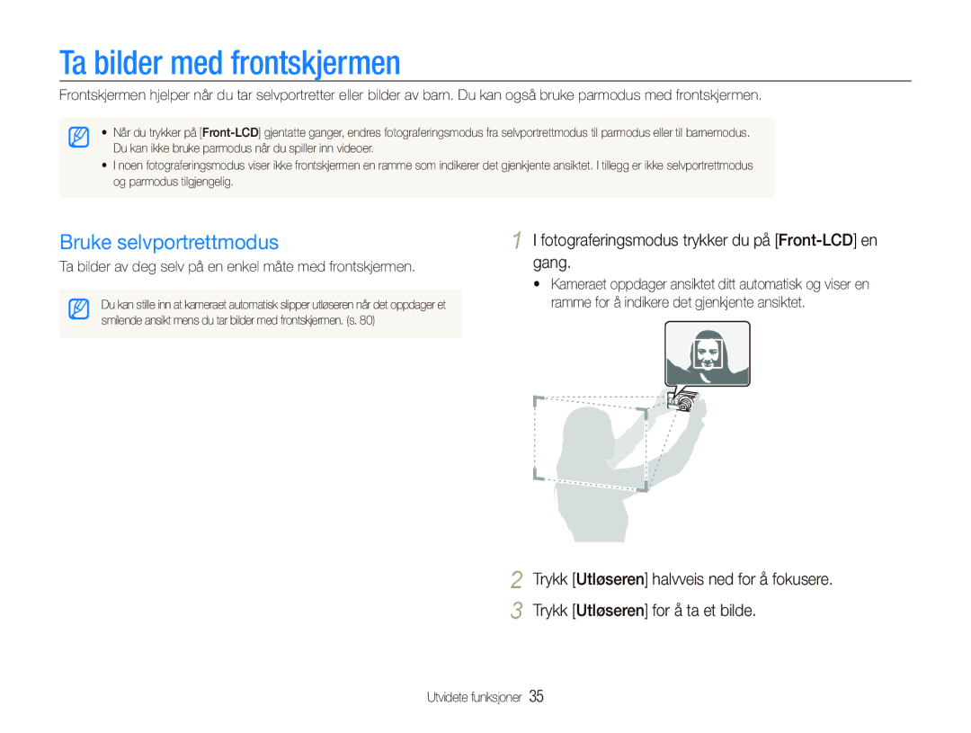 Samsung EC-PL100ZBPBE2, EC-PL100ZBPSE2, EC-PL101ZBDSE2 manual Ta bilder med frontskjermen, Bruke selvportrettmodus 