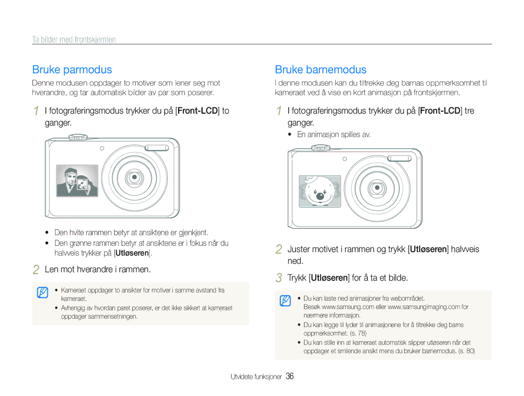 Samsung EC-PL100ZBPSE2, EC-PL100ZBPBE2, EC-PL101ZBDSE2 manual Bruke parmodus, Bruke barnemodus, Ta bilder med frontskjermen 