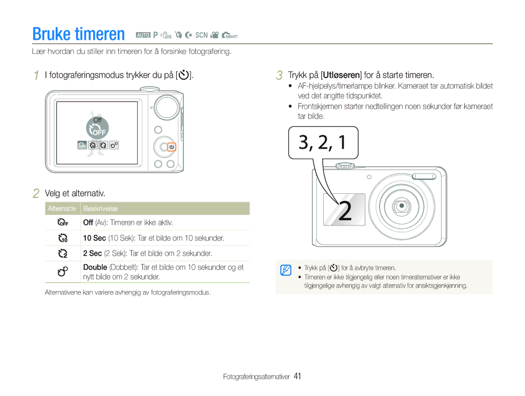 Samsung EC-PL100ZBPBE2, EC-PL100ZBPSE2 manual Fotograferingsmodus trykker du på t, Trykk på Utløseren for å starte timeren 