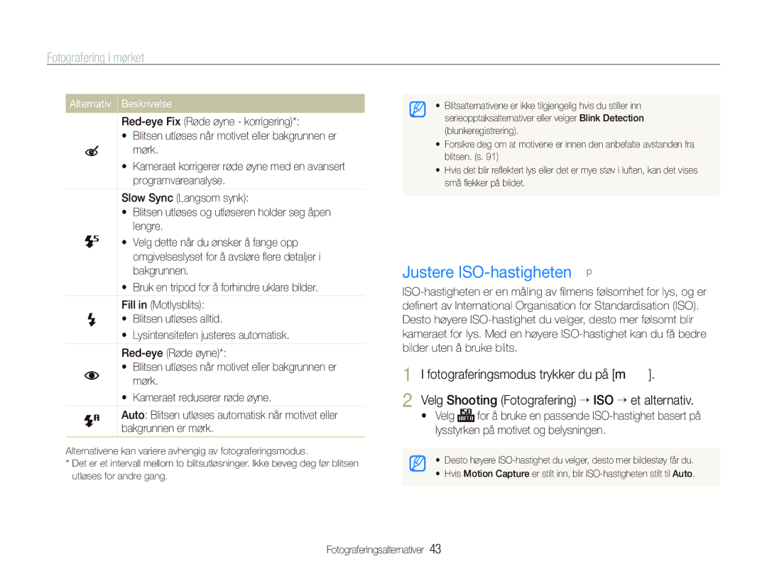 Samsung EC-PL101ZBDSE2, EC-PL100ZBPBE2, EC-PL100ZBPSE2 manual Justere ISO-hastigheten p, Fotografering i mørket 