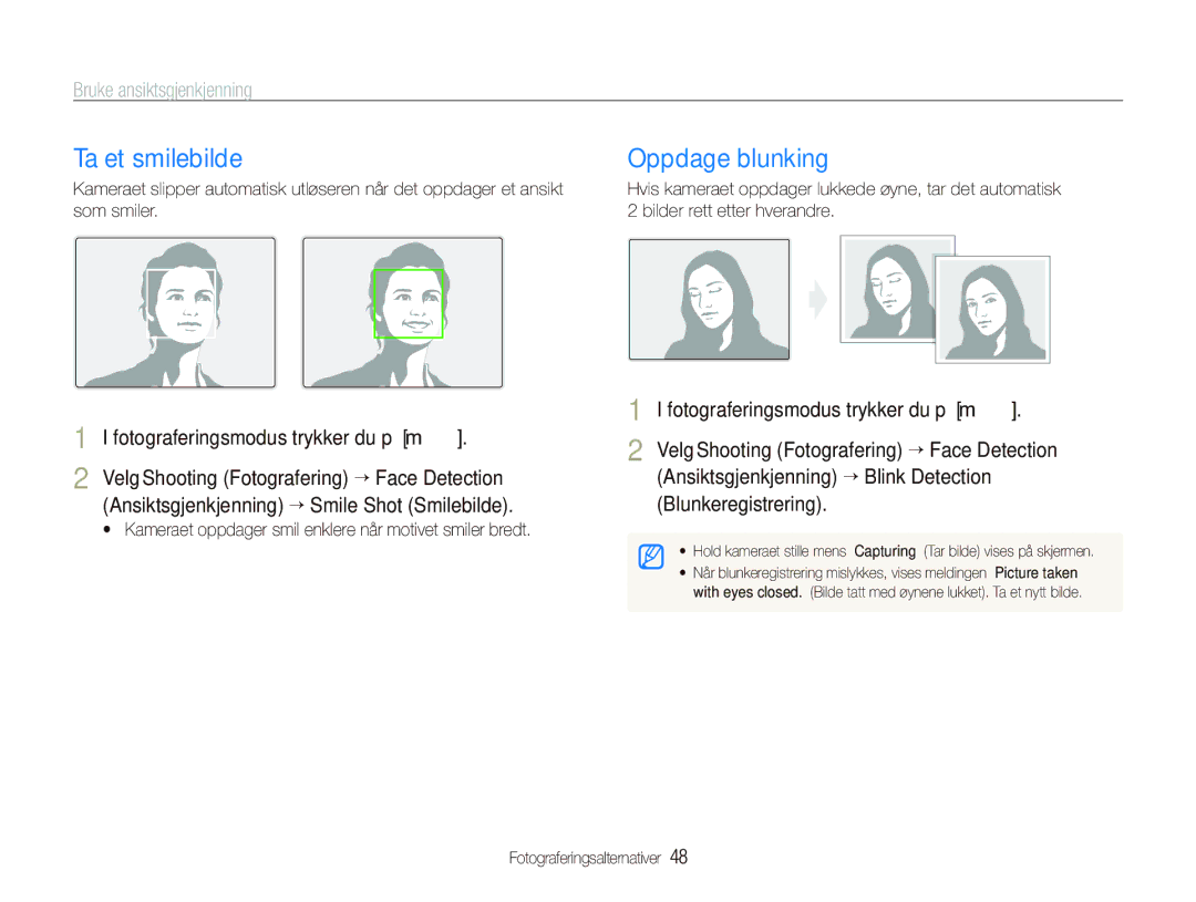 Samsung EC-PL100ZBPSE2, EC-PL100ZBPBE2, EC-PL101ZBDSE2 manual Ta et smilebilde, Oppdage blunking, Bruke ansiktsgjenkjenning 