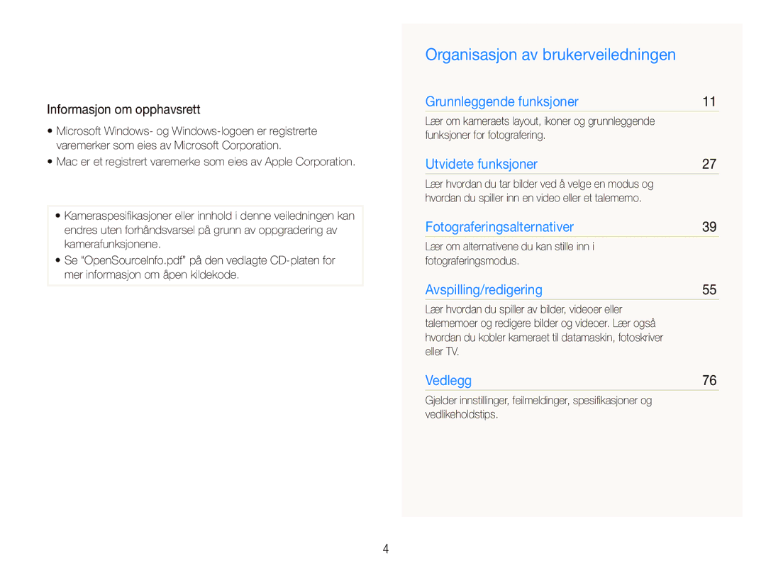 Samsung EC-PL101ZBDSE2, EC-PL100ZBPBE2, EC-PL100ZBPSE2 manual Organisasjon av brukerveiledningen, Informasjon om opphavsrett 