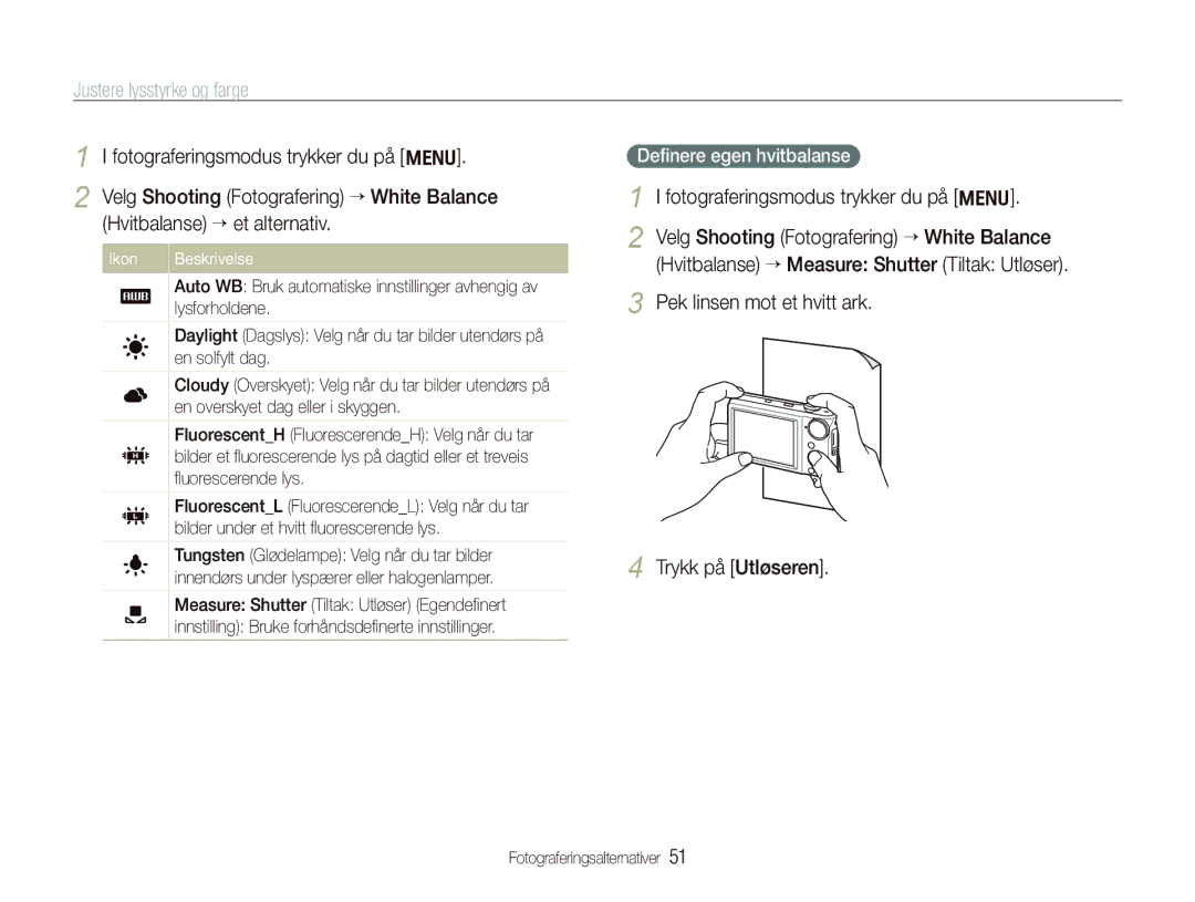 Samsung EC-PL100ZBPSE2, EC-PL100ZBPBE2 manual Pek linsen mot et hvitt ark Trykk på Utløseren, Deﬁnere egen hvitbalanse 