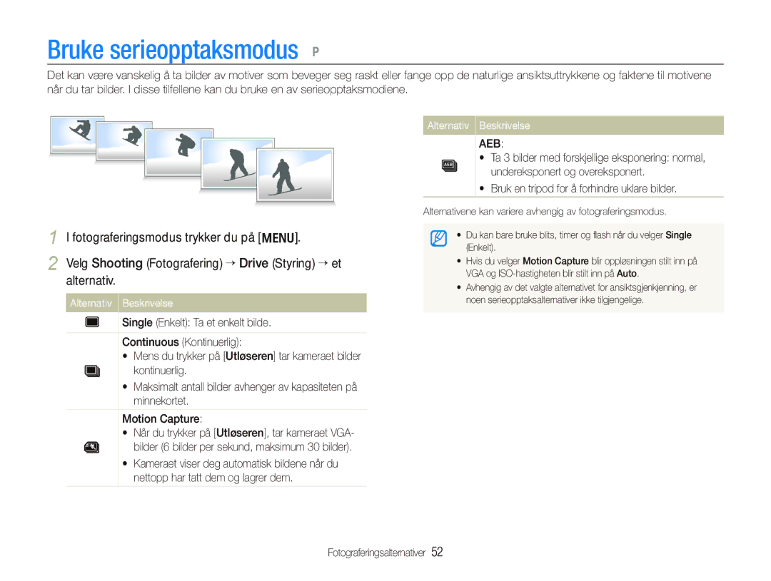 Samsung EC-PL101ZBDSE2, EC-PL100ZBPBE2, EC-PL100ZBPSE2 manual Bruke serieopptaksmodus p 