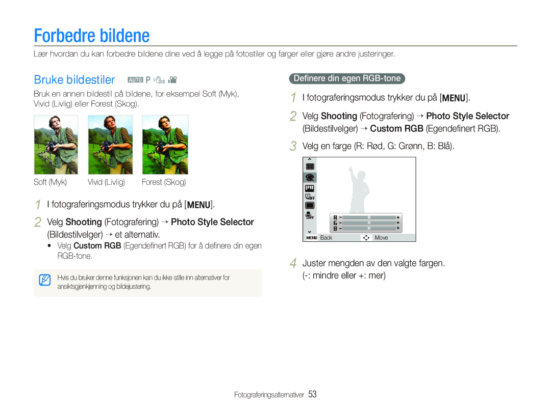 Samsung EC-PL100ZBPBE2, EC-PL100ZBPSE2 manual Forbedre bildene, Bruke bildestiler a p d, Bildestilvelger “ et alternativ 