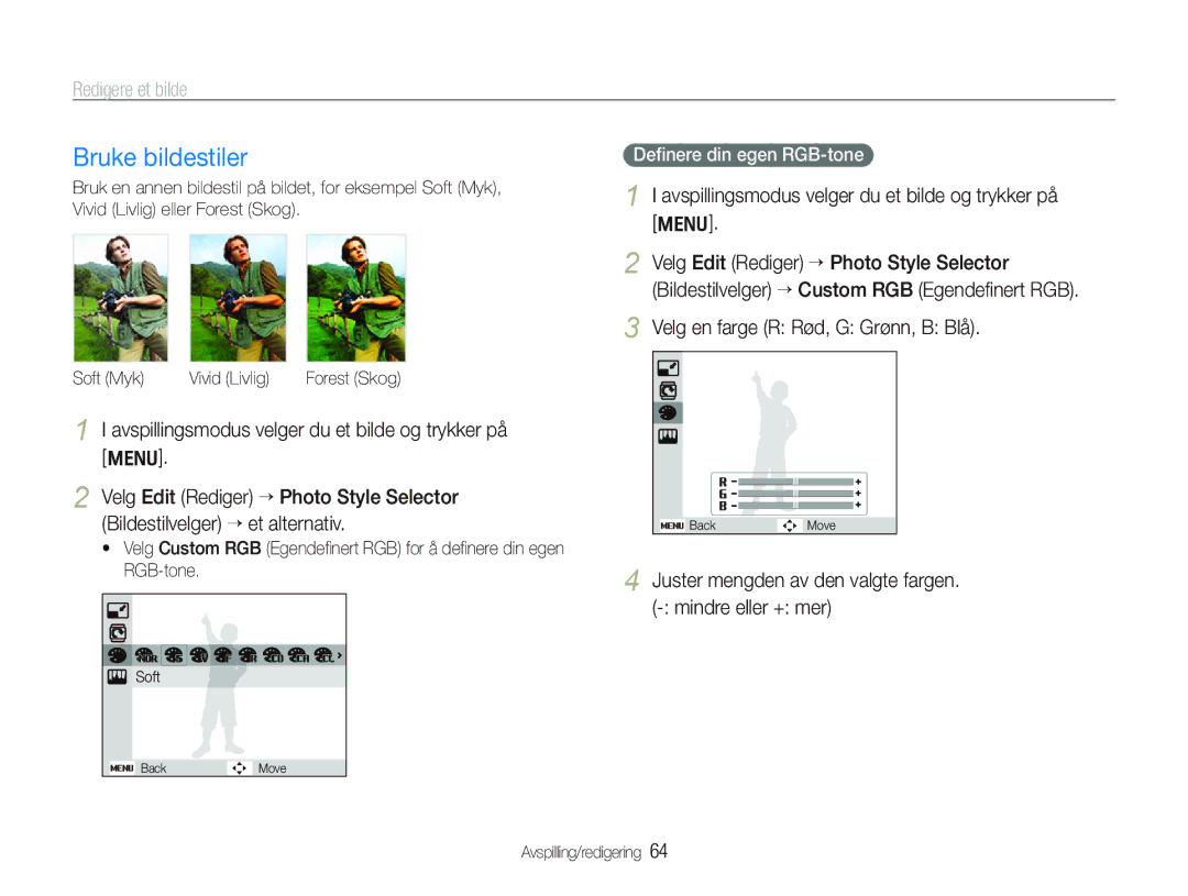 Samsung EC-PL101ZBDSE2 manual Bruke bildestiler, Redigere et bilde, Avspillingsmodus velger du et bilde og trykker på m 