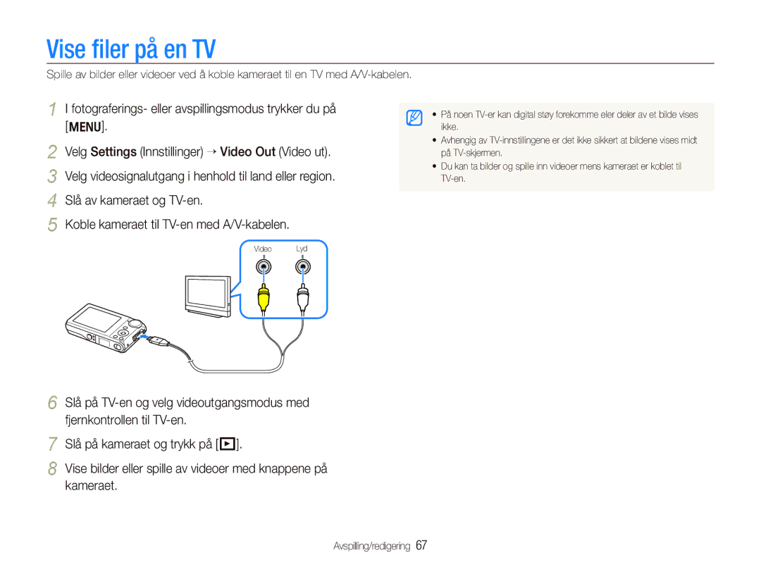 Samsung EC-PL101ZBDSE2 Vise ﬁler på en TV, Fotograferings- eller avspillingsmodus trykker du på, Slå av kameraet og TV-en 