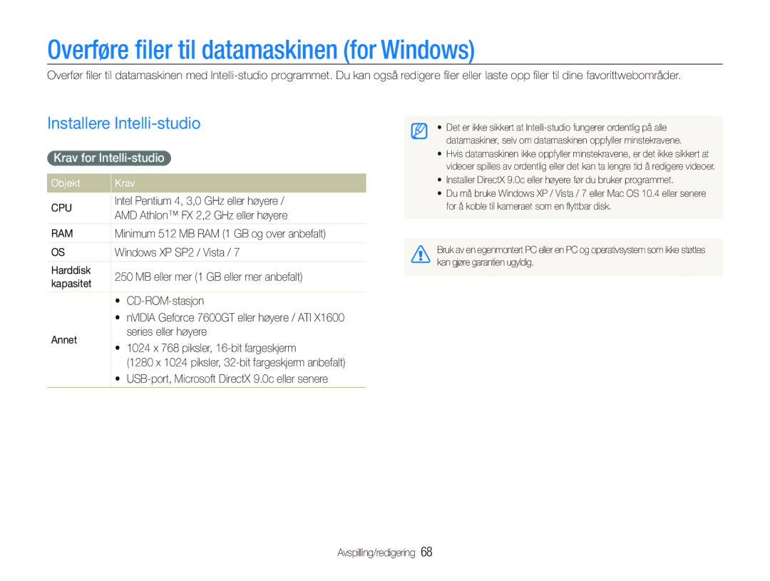 Samsung EC-PL100ZBPBE2 Overføre ﬁler til datamaskinen for Windows, Installere Intelli-studio, Krav for Intelli-studio 