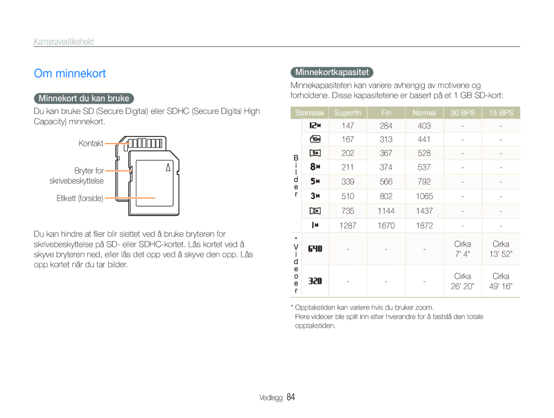 Samsung EC-PL100ZBPSE2, EC-PL100ZBPBE2 manual Om minnekort, Kameravedlikehold, Minnekort du kan bruke, Minnekortkapasitet 