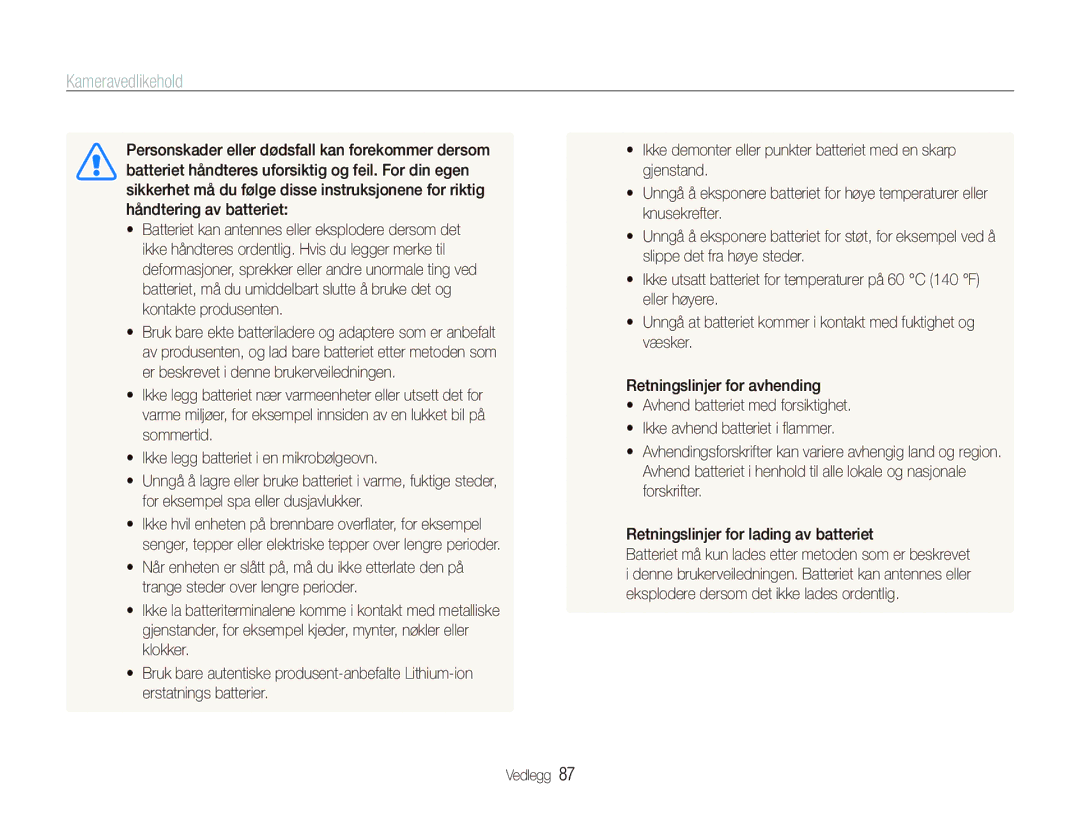 Samsung EC-PL100ZBPSE2, EC-PL100ZBPBE2, EC-PL101ZBDSE2 manual Kameravedlikehold 