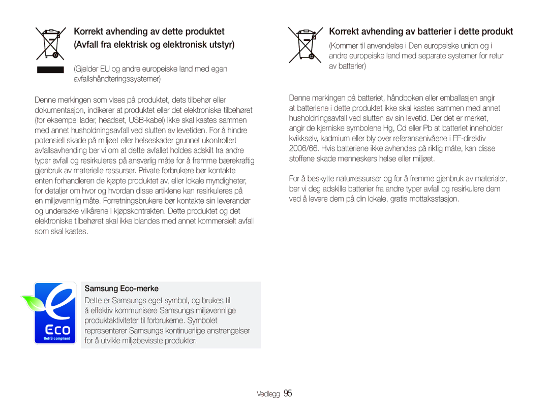 Samsung EC-PL100ZBPBE2, EC-PL100ZBPSE2, EC-PL101ZBDSE2 manual Korrekt avhending av batterier i dette produkt 