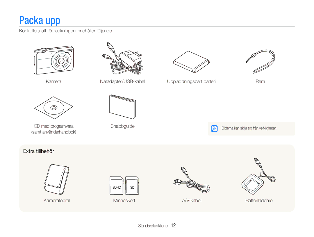 Samsung EC-PL100ZBPSE2, EC-PL100ZBPBE2 manual Packa upp, Extra tillbehör, Kamerafodral Minneskort Kabel, Standardfunktioner 