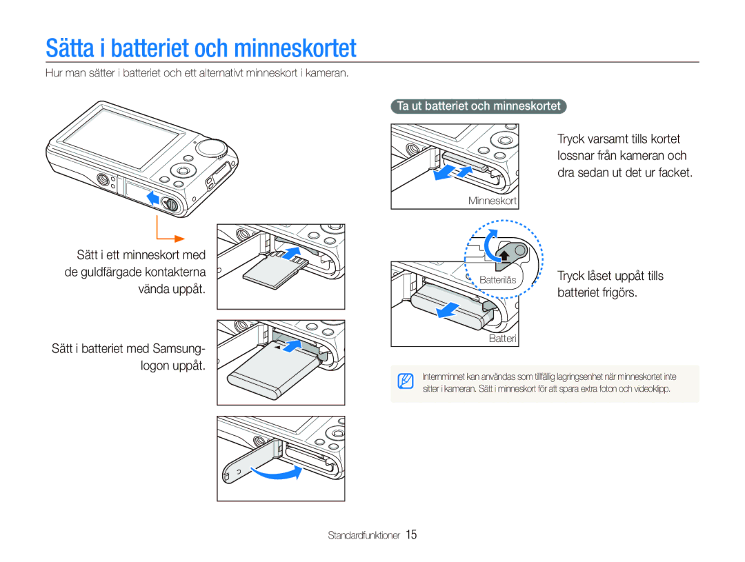 Samsung EC-PL100ZBPSE2 manual Sätta i batteriet och minneskortet, Batteriet frigörs, Ta ut batteriet och minneskortet 