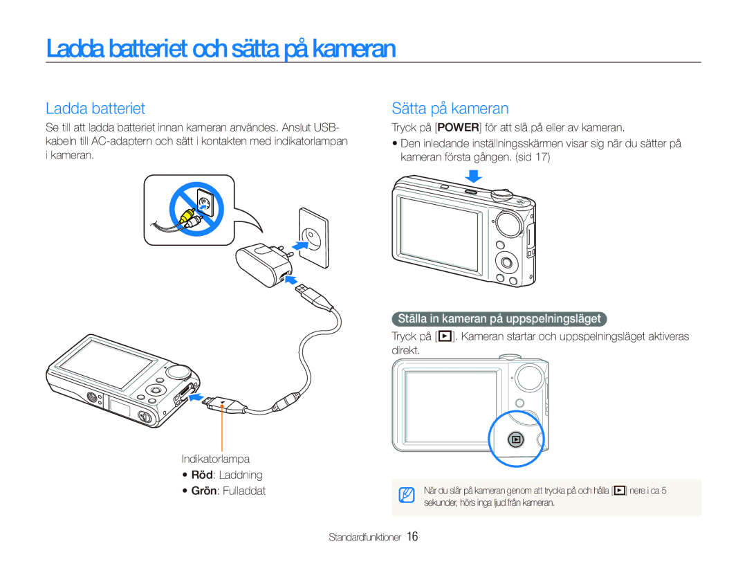 Samsung EC-PL101ZBDSE2 Ladda batteriet och sätta på kameran, Sätta på kameran, Ställa in kameran på uppspelningsläget 