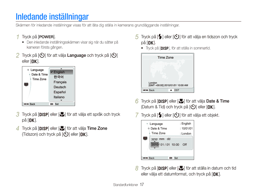 Samsung EC-PL100ZBPBE2, EC-PL100ZBPSE2, EC-PL101ZBDSE2 manual Inledande inställningar, Tryck på Power 