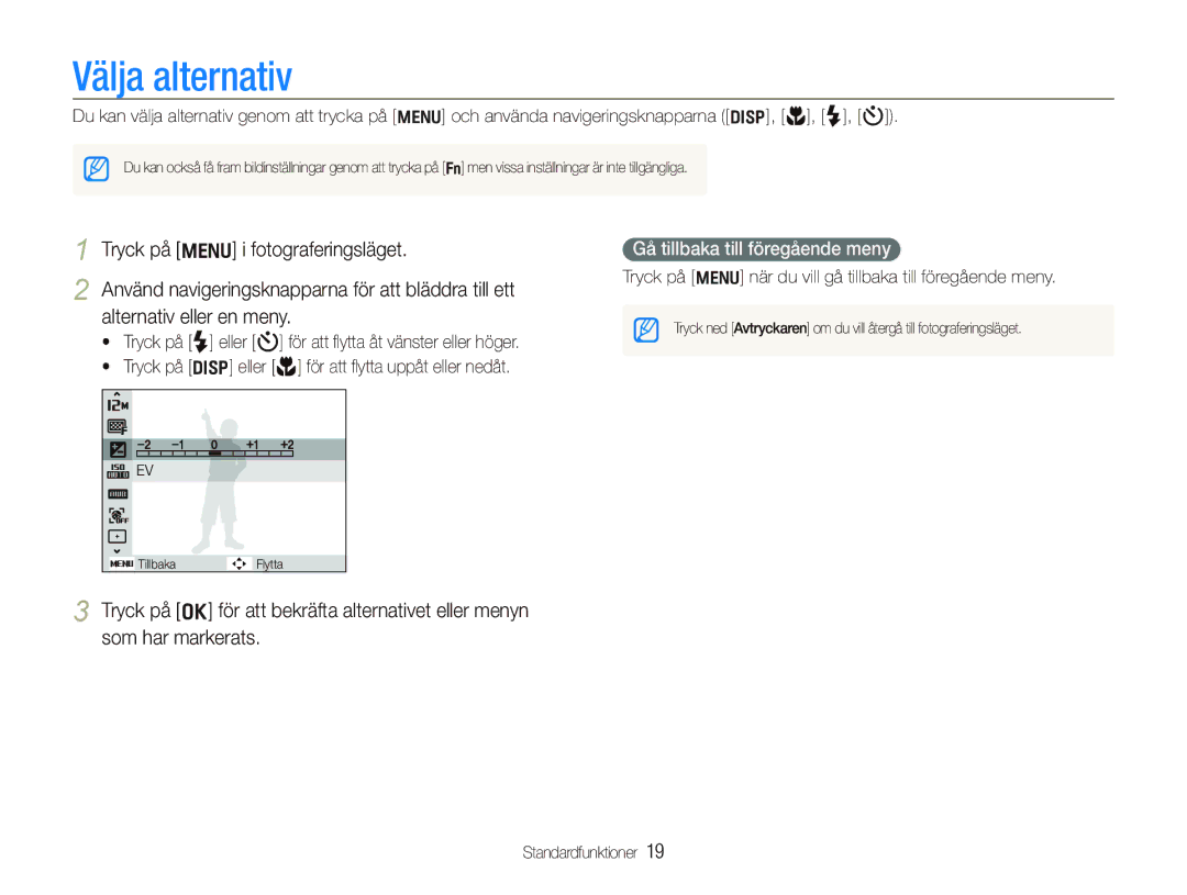 Samsung EC-PL101ZBDSE2, EC-PL100ZBPBE2, EC-PL100ZBPSE2 manual Välja alternativ, Gå tillbaka till föregående meny 