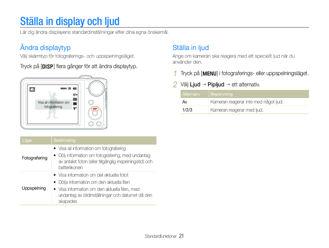 Samsung EC-PL100ZBPSE2 Ställa in display och ljud, Ändra displaytyp, Ställa in ljud, Välj Ljud “ Pipljud “ ett alternativ 