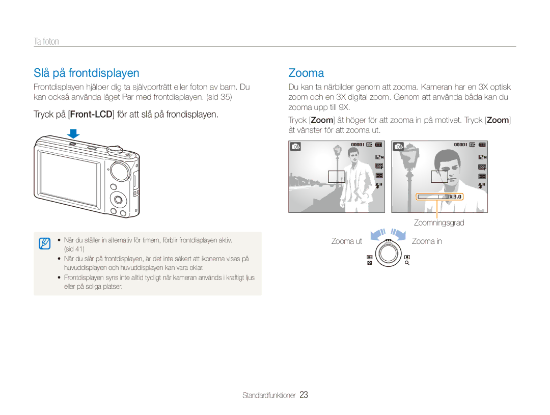 Samsung EC-PL100ZBPBE2 manual Slå på frontdisplayen, Zooma, Ta foton, Tryck på Front-LCD för att slå på frondisplayen 