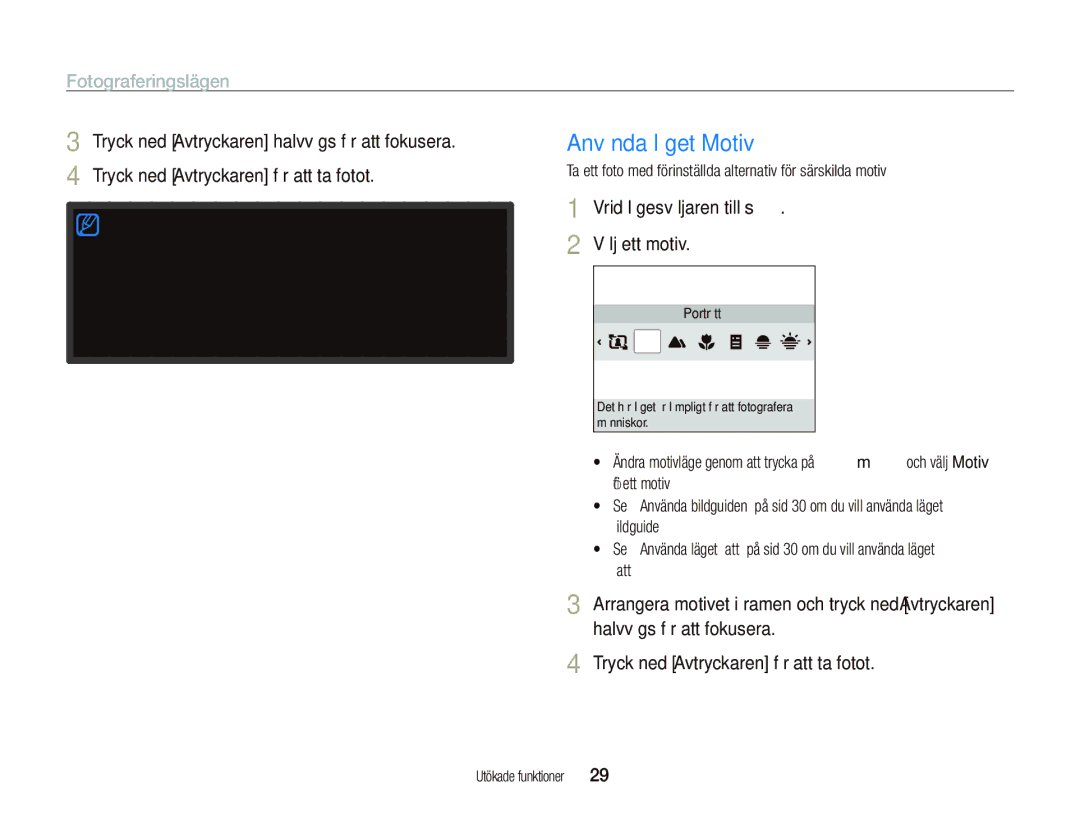 Samsung EC-PL100ZBPBE2, EC-PL100ZBPSE2 Använda läget Motiv, Fotograferingslägen, Vrid lägesväljaren till s Välj ett motiv 