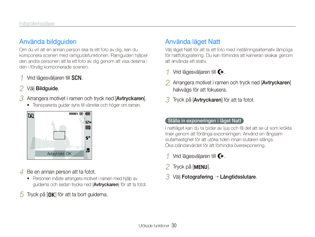 Samsung EC-PL100ZBPSE2, EC-PL100ZBPBE2 Använda bildguiden, Använda läget Natt, Vrid lägesväljaren till s Välj Bildguide 