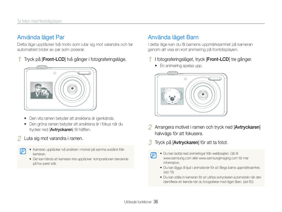 Samsung EC-PL100ZBPSE2, EC-PL100ZBPBE2, EC-PL101ZBDSE2 Använda läget Par, Använda läget Barn, Ta foton med frontdisplayen 