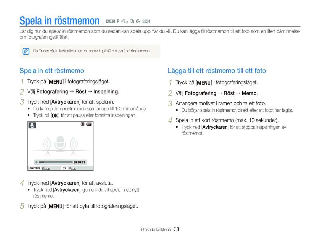 Samsung EC-PL100ZBPBE2 manual Spela in röstmemon a p d b N s, Spela in ett röstmemo, Lägga till ett röstmemo till ett foto 