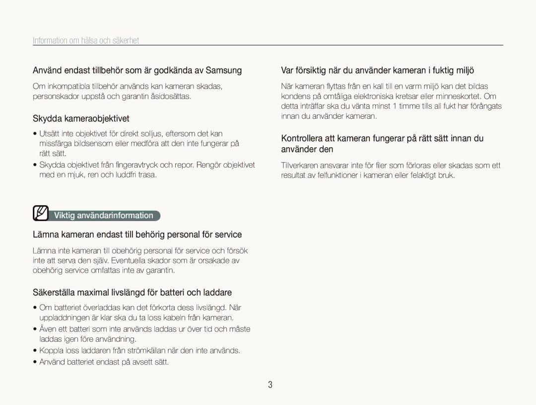 Samsung EC-PL100ZBPSE2, EC-PL100ZBPBE2 manual Använd endast tillbehör som är godkända av Samsung, Skydda kameraobjektivet 