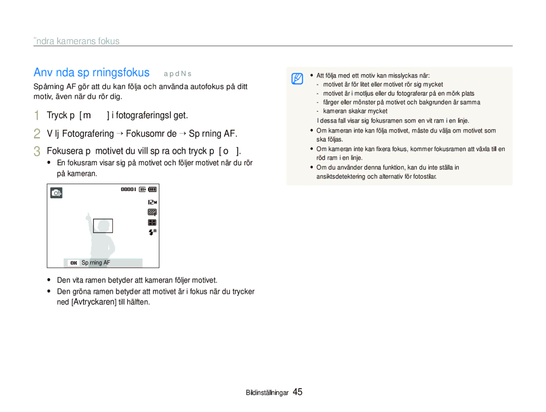 Samsung EC-PL100ZBPSE2, EC-PL100ZBPBE2, EC-PL101ZBDSE2 manual Använda spårningsfokus a p d N s, Ändra kamerans fokus 