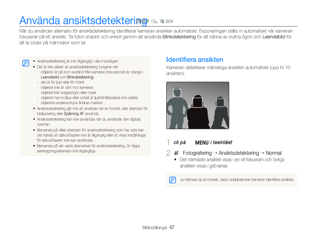 Samsung EC-PL100ZBPBE2, EC-PL100ZBPSE2, EC-PL101ZBDSE2 manual Använda ansiktsdetektering a p d b s, Identiﬁera ansikten 