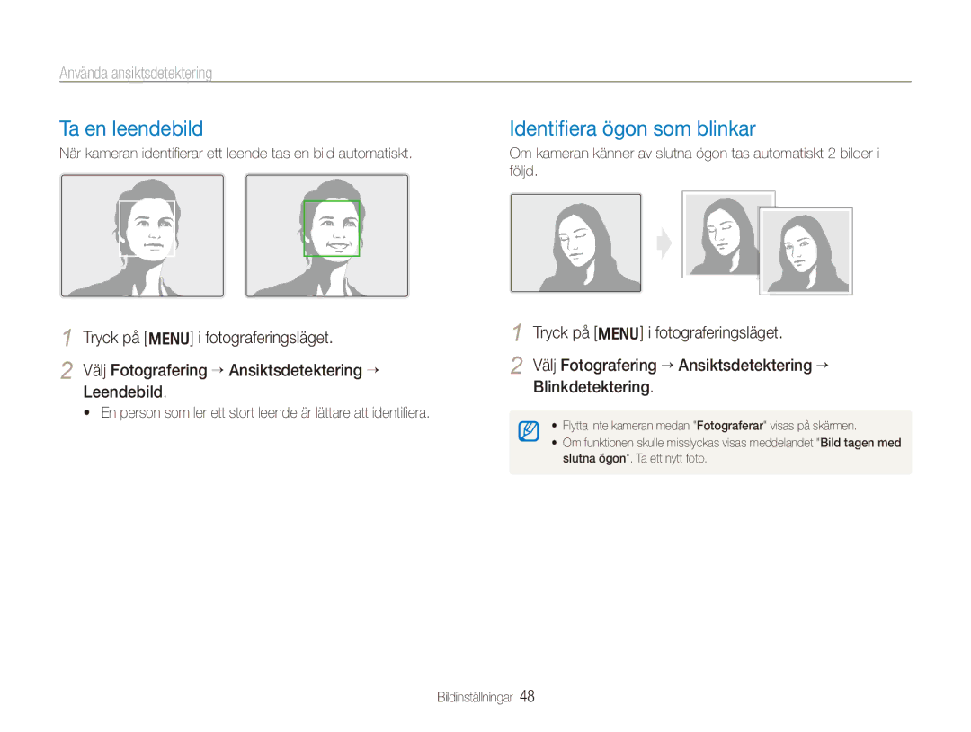 Samsung EC-PL100ZBPSE2, EC-PL100ZBPBE2 manual Ta en leendebild, Identifiera ögon som blinkar, Använda ansiktsdetektering 