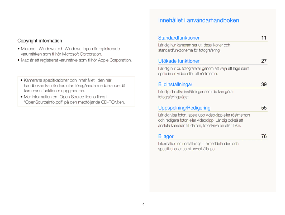 Samsung EC-PL101ZBDSE2 manual Innehållet i användarhandboken, Copyright-information, Spela in en video eller ett röstmemo 