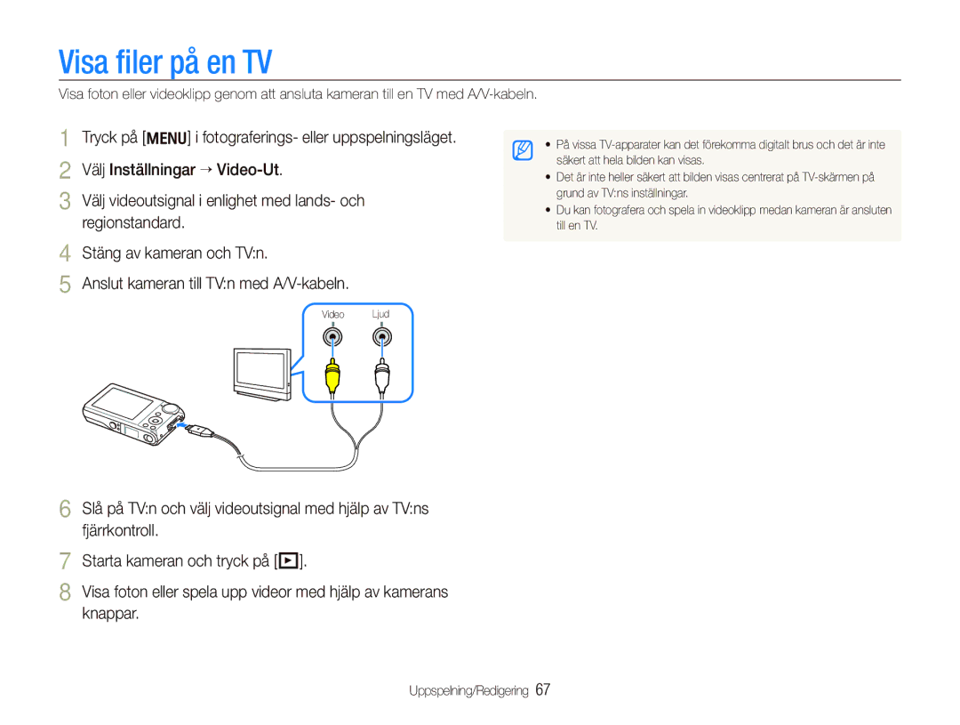 Samsung EC-PL101ZBDSE2 manual Visa ﬁler på en TV, Tryck på m i fotograferings- eller uppspelningsläget, Regionstandard 