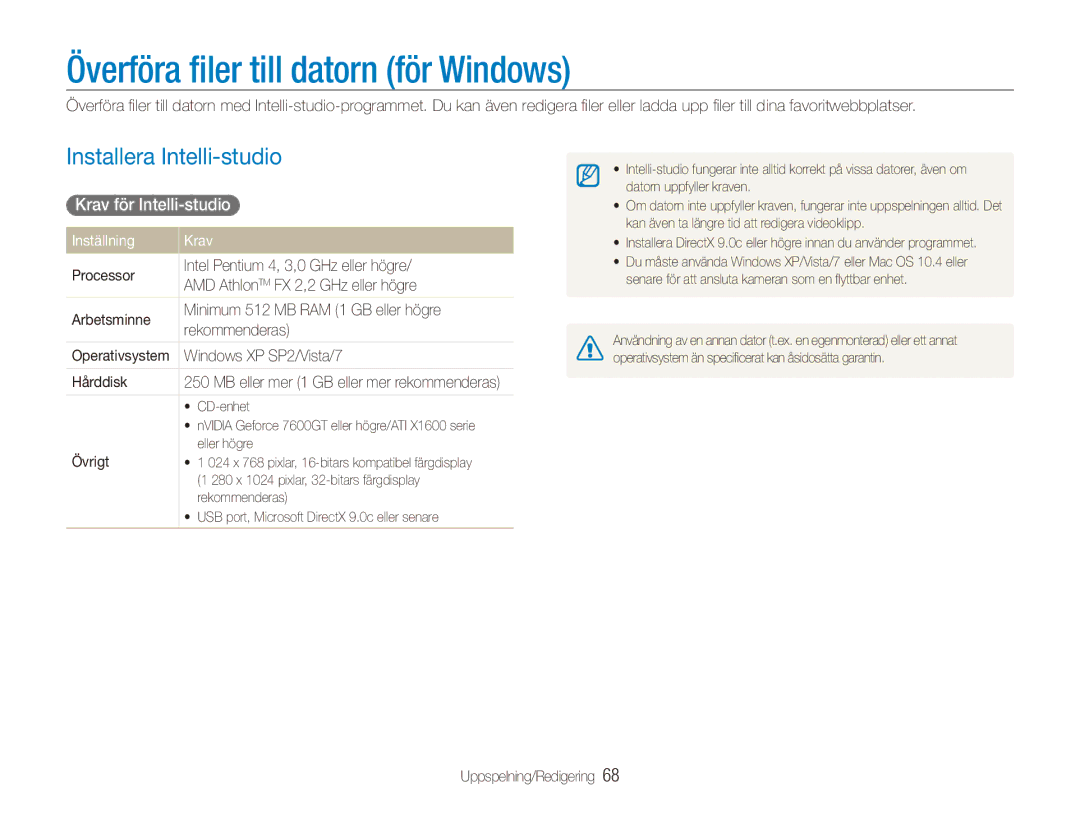 Samsung EC-PL100ZBPBE2 manual Överföra filer till datorn för Windows, Installera Intelli-studio, Krav för Intelli-studio 