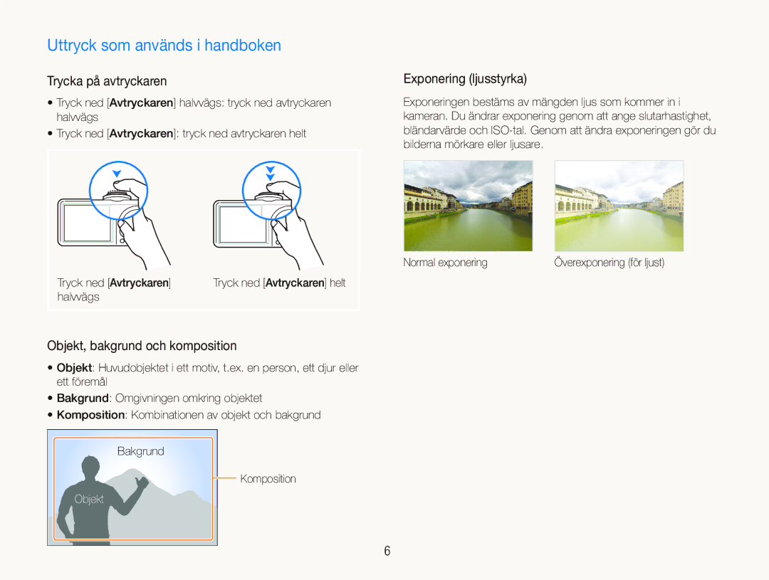 Samsung EC-PL100ZBPSE2 manual Uttryck som används i handboken, Trycka på avtryckaren, Exponering ljusstyrka, Objekt 