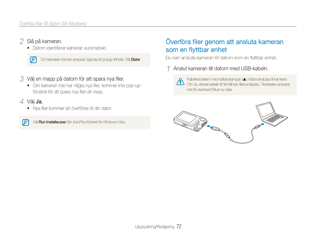 Samsung EC-PL100ZBPSE2, EC-PL100ZBPBE2, EC-PL101ZBDSE2 manual Slå på kameran, Välj en mapp på datorn för att spara nya filer 