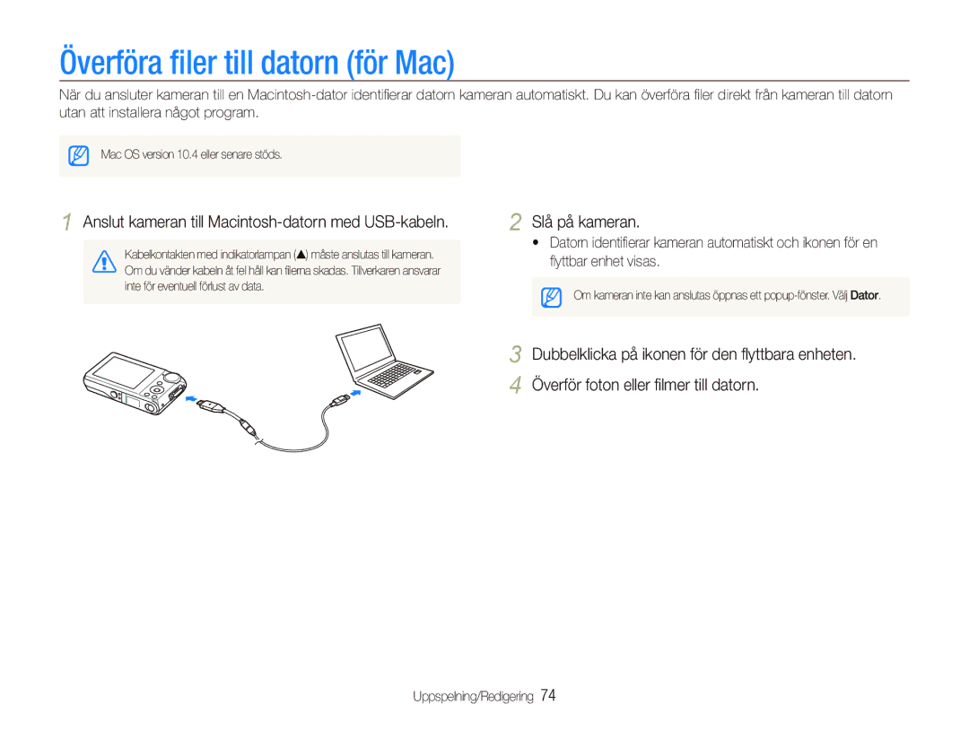 Samsung EC-PL100ZBPBE2 manual Överföra ﬁler till datorn för Mac, Anslut kameran till Macintosh-datorn med USB-kabeln 