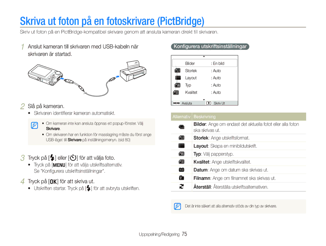 Samsung EC-PL100ZBPSE2 manual Skriva ut foton på en fotoskrivare PictBridge, Tryck på F eller t för att välja foto 