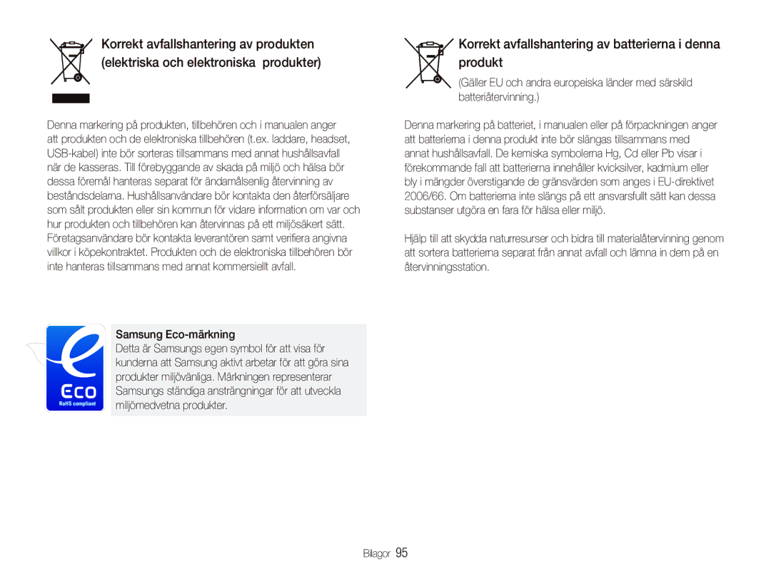 Samsung EC-PL100ZBPBE2, EC-PL100ZBPSE2 manual Korrekt avfallshantering av batterierna i denna produkt, Samsung Eco-märkning 