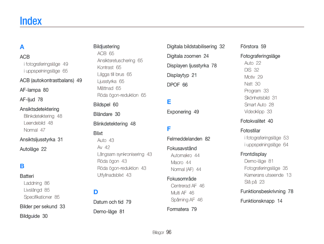 Samsung EC-PL100ZBPSE2, EC-PL100ZBPBE2 manual Index, Blinkdetektering Leendebild Normal, Laddning Livslängd Speciﬁkationer 