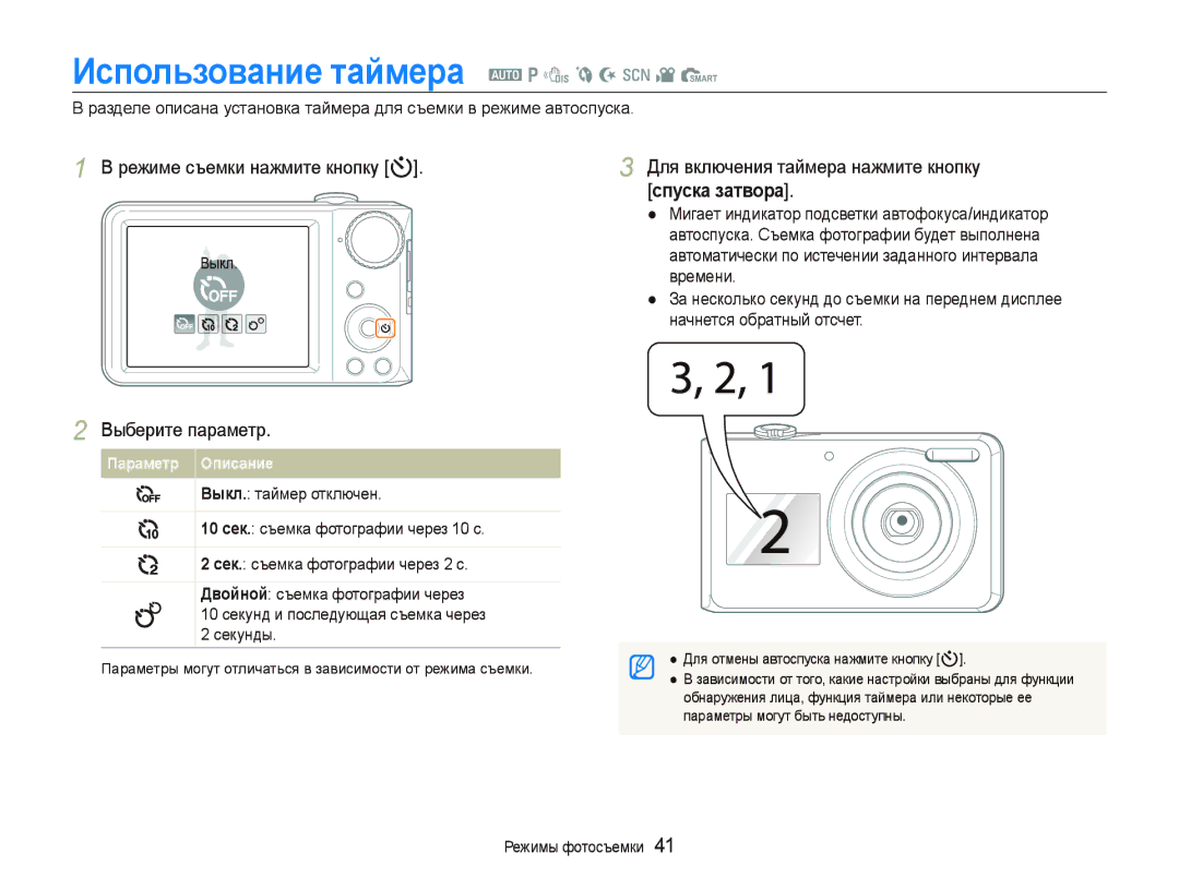 Samsung EC-PL100ZBPBRU, EC-PL100ZBPPRU manual Использование таймера a p d b N s v S, Режиме съемки нажмите кнопку t 