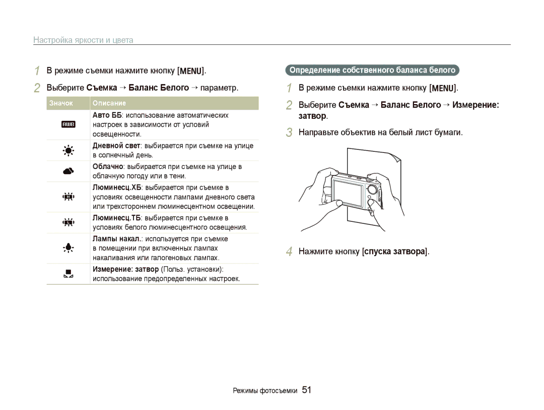 Samsung EC-PL100ZBPBRU Выберите Съемка ““Баланс Белого “ параметр, Выберите Съемка ““Баланс Белого “ Измерение затвор 