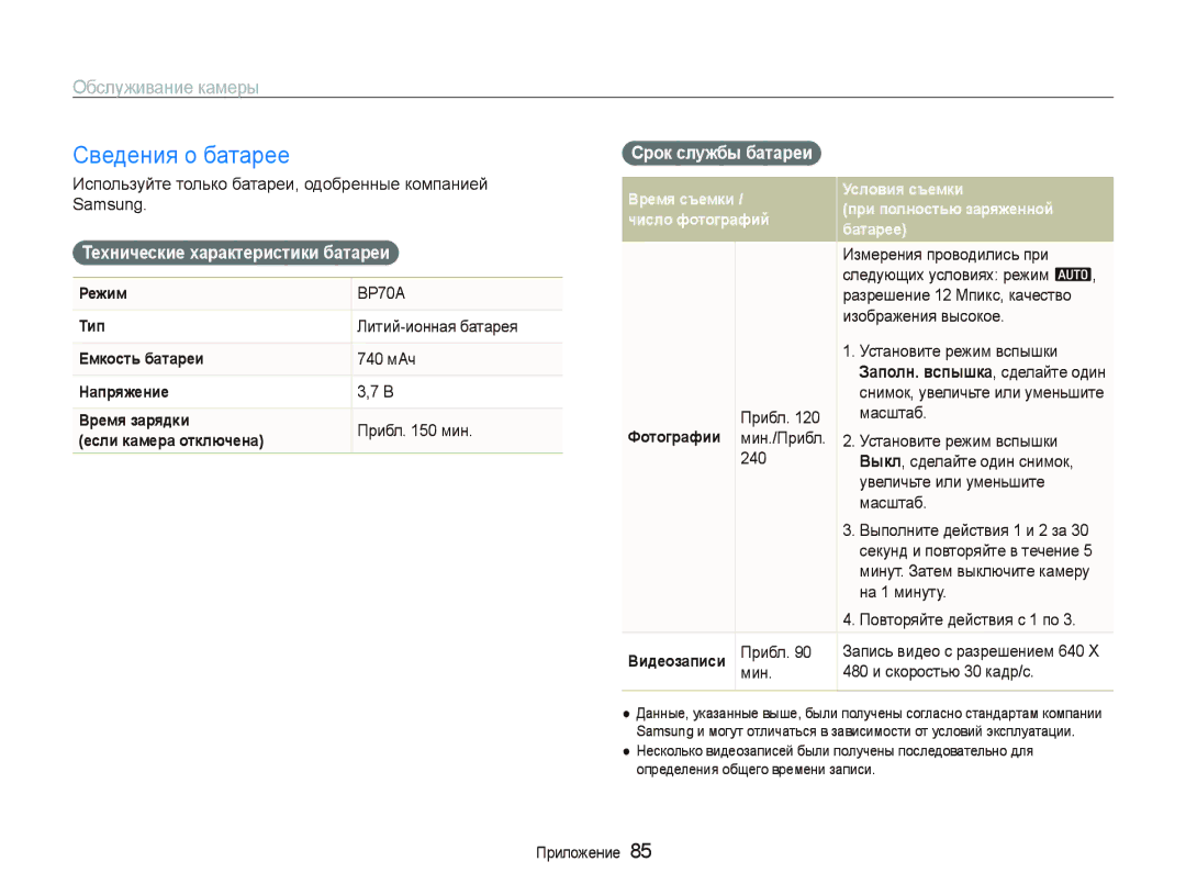 Samsung EC-PL100ZBPSRU, EC-PL100ZBPPRU manual Сведения о батарее, Срок службы батареи, Технические характеристики батареи 